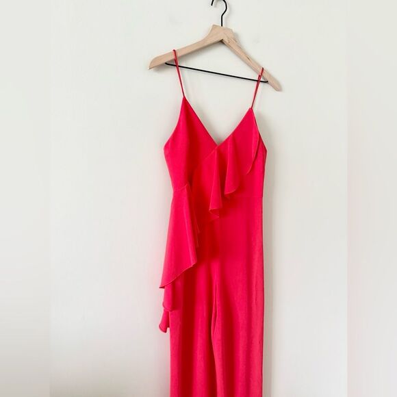 Alice + Olivia Keeva Ruffled Crepe Wide Leg Jumpsuit in Papaya Red - Size 6 - Picture 4 of 8